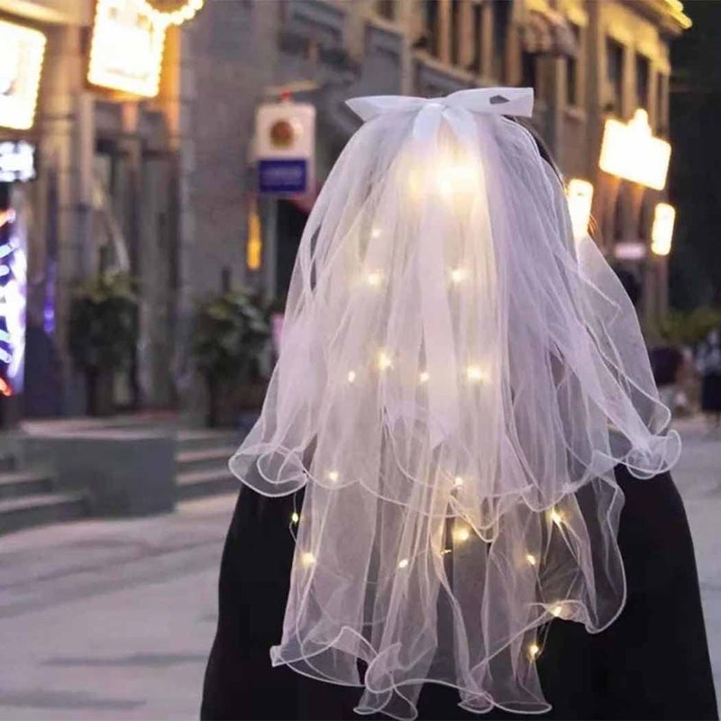 JONKY 2 Tier Led Bride Wedding Veil White Light up Pencil Edge Bridal Veils with Hair Clip Glowing Party Club Statement Headpieces for Women(Warm) - Image 3